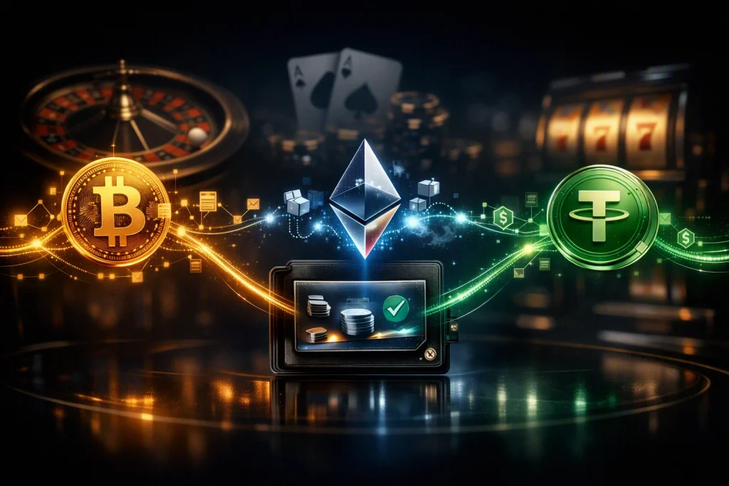 Bitcoin, Ethereum y USDT como métodos de pago en un casino cripto